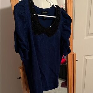 August Silk Women's Sparkling Blue Blouse with Black Lace Collar